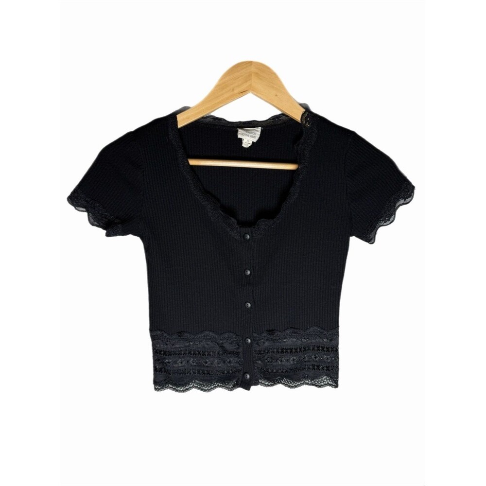 Caution To The Wind Black Lace-Trim Ribbed Button Front Top Size Small